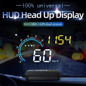 AD M12 OBD + GPS HUD 자동차 헤드업 디스플레이 속도계 반사 필름 앞 유리 프로젝터, 전자 알람, 수온