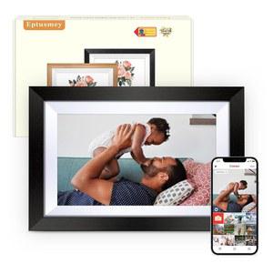 엡투스미 디지털 액자 내장 32GB 10.1인치 WiFi 및 IPS 터치스크린, Framo 앱을 통한 사진 전송 /USB /Micro SD, 엄마를 위한 선물 /아빠, 검은 나무 테두리