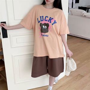 여자 면원단 U넥 박시핏 베어프린팅 반소매 티셔츠