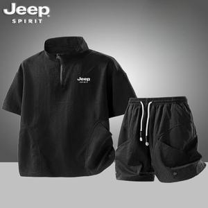 JEEP SPIRIT 남성 트레이닝복 여름 대형 사이즈 캐주얼 반지퍼 반팔 반바지 세트