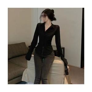 셔츠 여성용 프리미엄 카라 캐주얼 레이스업 허리 슬림 블라우스 남방