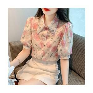 쉬폰상의 여름 여성용 카라넥 인공진주 플라워 꽃무늬 패턴 빅사이즈 반팔블라우스 3컬러