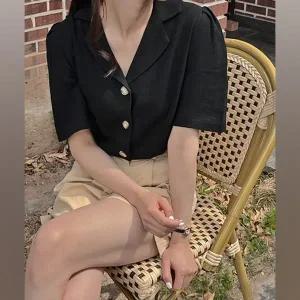 핫핑 플리니 린넨 퍼프반팔블라우스