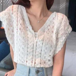 [콩심팥심]여성 펀칭 니트 조끼 여름 브이넥 그물 뜨개 베스트 여름원피스 여성원피스 하객원피스 하객룩