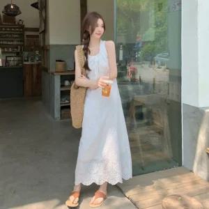 민소매 펀칭 스트링 리본 원피스 LL-D177 자수 휴가룩 롱 프릴 플레어 캐주얼 해변 비치 나시