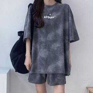 나염 레터링감성 반팔 반바지 세트 라운드 운동복 꾸안꾸
