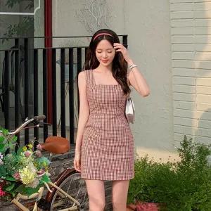 체크 패턴의 슬림핏 민소매 미니 원피스 여름 썸머 op14227