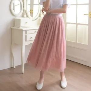 [데일리앤] 플리츠 망사 플레어 쉬폰 롱 샤스커트 달링