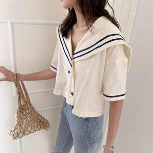 [무료배송]세일러 카라 더블버튼 크롭 마린 블라우스 T099