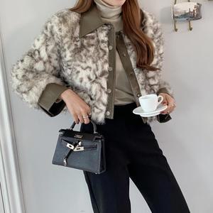 토타니 여성 호피 배색 카라 윈터 재킷 가죽 fur 숏