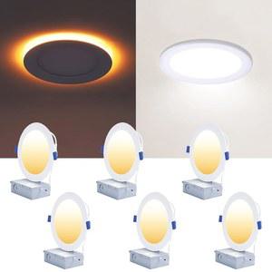 야간 조명이 포함된 CycevSun 6팩 LED 함몰 조명 6인치, 다이머블 5CCT 캔리스 초박형 웨이퍼 다운라이트 소핏 천장 조명, 정션 박스가 5가지 색상 선택 가능, 12W, ETL 및 에너지 스타