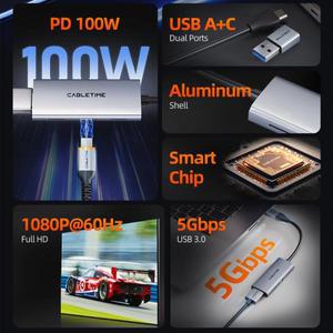[누리사진관]CABLETIME USB 3.0 HDMI 비디오 캡처 PD 100W 5Gbps A+C 알루미늄 1080p 풀 HD PS5 Srteaming