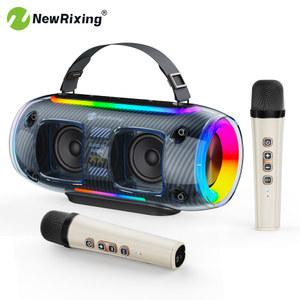 노래방 스피커 개의 마이크가있는 NewRixing 기계 휴대용 야외 성인용 어린이 30W 시끄러운 4000mAh RGB 조명 BT USB TF AUX