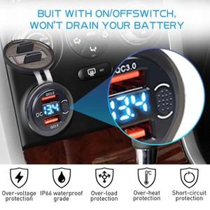 오토바이 어댑터용 차량용 충전기 QC3.0 듀얼 USB 고속 LED 디지털 전압계 터치 스위치 자동차 액세서리 12