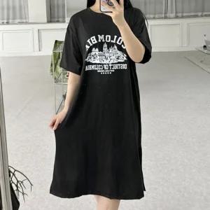 빈티지 레터링 루즈핏 반팔 롱 원피스 데일리 홈웨어 박시룩 블랙 루즈 박스면 프린트