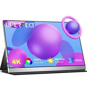 UPERFECT 휴대용 모니터 4K, 15.6인치 실버 3840x2160 UHD HDR USB-C 모니터, 100% AdobeRGB, 400cd/ 밝기, IPS FreeSync 스피커 여행용 추가 스크린, 노트북, 타입 C HDMI, VESA 및 스마트 케이스용