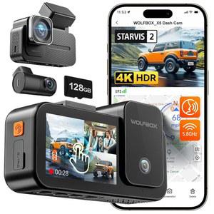 WOLFBOX X5 3채널 4K HDR 대시캠, STARVIS 2 IMX678 나이트 비전, 128GB 카드 및 GPS, 음성 제어 지원, 터치 스크린 및 5.8GHz WiFi가 탑재된 4K+2.5K+1080P 전면 및 후면 차량 내부 카메라