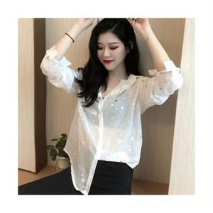 여성 블라우스 반짝이는 스팽글장식 빅 카라넥 긴팔 셔츠 슬림스판 루즈핏 쉬폰