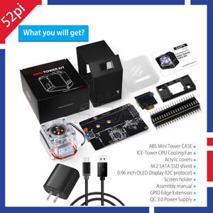 라즈베리 파이 4 B용 0.96 OLED 스크린 NAS 케이스 키트가 포함된 52Pi ABS 미니 타워 RGB 냉각 팬
