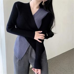 [오노마] ONM 여성 스판 골지 브이넥 배색 정장 긴팔 티셔츠  9014474)