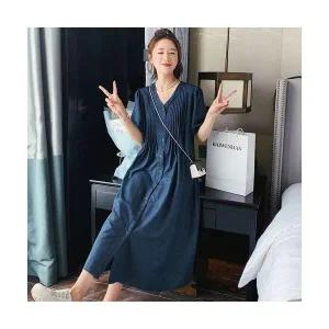 여성용 여름 원피스 캐주얼 브이넥 데님 롱스커트 스위트걸 퍼프 KS2