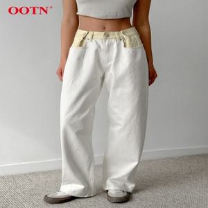 OOTN 여성용 코튼 화이트 롱 팬츠, 캐주얼 패치워크 포켓, 스트레이트 팬츠, 스트리트 2024, 느슨한 파티