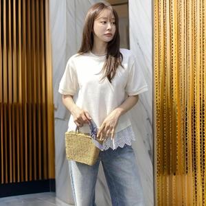 [다잇템] 여자 코디 U넥 레이스 크로쉐 반팔티