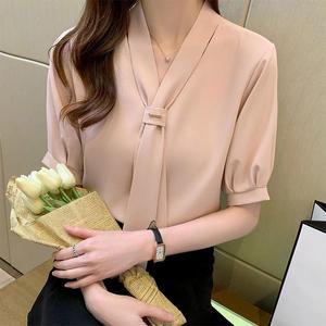 핑크 화이트 반팔 쉬폰 셔츠 넥타이 브이넥 블라우스 여자 출근룩 여름 정장 오피스룩