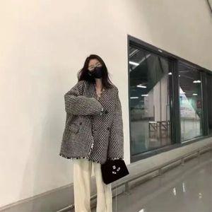트위드 자켓 여자 린넨 크롭 코트 여성 가죽 청 재킷 여성용 빈티지 스트라이프 오버사이즈 캐주얼 겨울 스