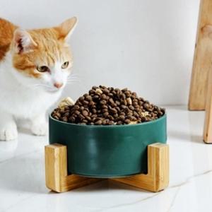 반려동물 우드받침 도자기 식기 16cm 애완동물 물그릇 (WFC957E)