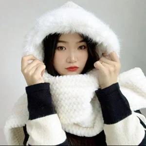 목도리 부드러운 방한 모자 여성 머플러 퍼후드 롱-WFG38E4