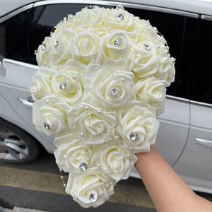신부 들러리 진주 라인석 PE 장미 꽃 결혼용 긴 폭포 웨딩 부케 W330PE