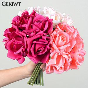 시뮬레이션 5 헤드 컬링 가장자리 보습 장미 꽃다발, 인공 웨딩 꽃 부케, 홈 룸 파티 장식