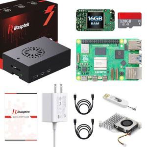 128GB 에디션 라즈베리 파이 OS가 탑재된 5 16GB RAM용 iRasptek 스타터 키트(알루미늄 케이스)