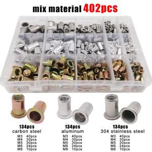 1 상자 70/205/402pcs M3 M4 M5 M6 M8 304 A2 70 스테인레스 스틸 탄소강 알루미늄 플랫 리벳 너트 리브 세트 구색 키트