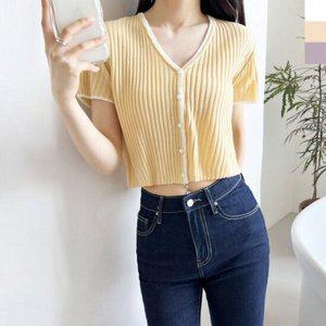 여성 스타일 니트 가디건 쁘띠 여자 브이 뽀얌 골지 데일리 반팔