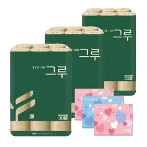 그루 오리지날 무표백 천연펄프 (리뉴얼 신상품)화장지 3겹 30m 30롤 3팩+여행용티슈 40매 3개