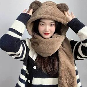 큐티베어 브라운 머플러 후드 후드숄머플러 일체형-WFB2C87