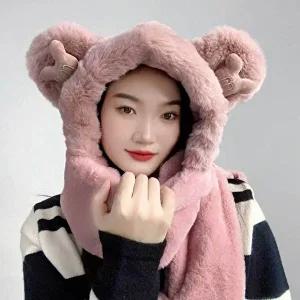 핑크 머플러 니트후드머플러 큐티베어 일체형 후드-WFB2C88