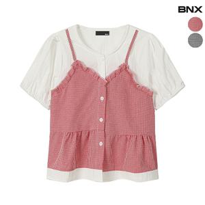 여성 체크 프릴 뷔스티에 반팔 블라우스