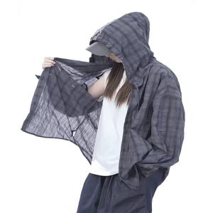 체크 무늬 셔츠 가을 긴팔 캐주얼 오버핏 남방 여름철 남여공용 공용 아이스 실크 속건 후드 자외선 차단
