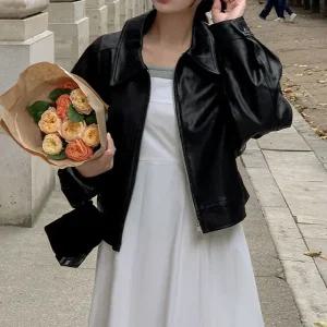 [케이클럽]테브 투웨이 세미크롭 레더 자켓 봄 여성 가죽자켓 라이더
