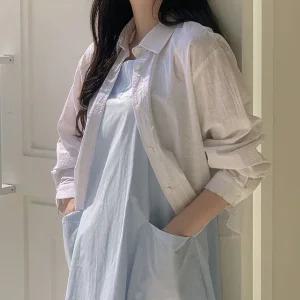 레밀 시어서커 스트라이프 크롭 셔츠 여름 여성 바캉스템 휴양지룩