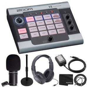 Zoom V3 보컬 효과 프로세서 + ZDM-1 다이내믹 마이크 오버이어 스테레오 헤드폰 스탠드 AD-16 9V AC 어댑터 케이블 천 - 디럭스 번들
