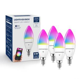 조명 내부 스마트 캔델라브라 LED 전구 60와트 상당, 500LM 6W, E12 알렉사 /Google 어시스턴트 /스마트 라이프, RGBCW 캔들, 허브 필요 없음, 2.4G WiFi 전용, ETL 목록, 4PCS