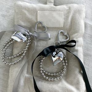 후쿠다 실버 하트 메탈 진주 리본 키링