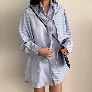 [옷자락]여자 루즈핏 스트라이프 언발 힙커버 오버핏 봄 셔츠