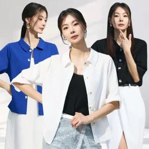 메시제이 인견 셔츠 자켓 3종 무지 반팔 7부 빅사이즈 카라 셔츠 블라우스 크롭 루즈핏 여성 결혼식하객룩