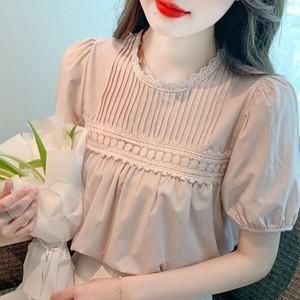 여자 벌룬 퍼프 여름 반팔 블라우스 핀턱 주름 프릴 셔츠 레이스 라운드넥 하객 결혼식