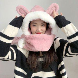 따순토끼 일체형 후드 모자 머플러 목도리 핑크
